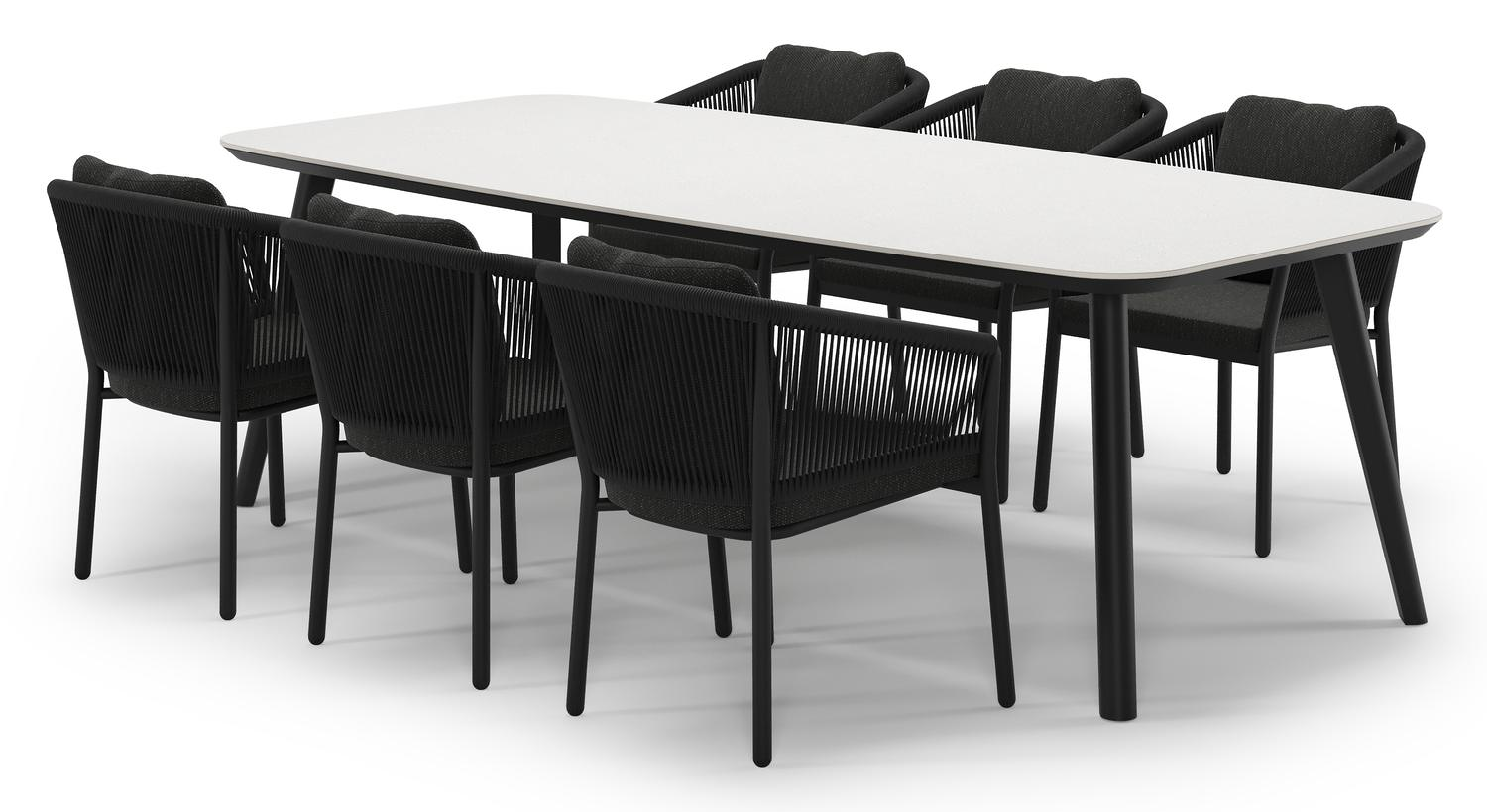 Mosa tuinset in zwart aluminium en topo minerale sintered stone met 6 Gerona tuinstoelen