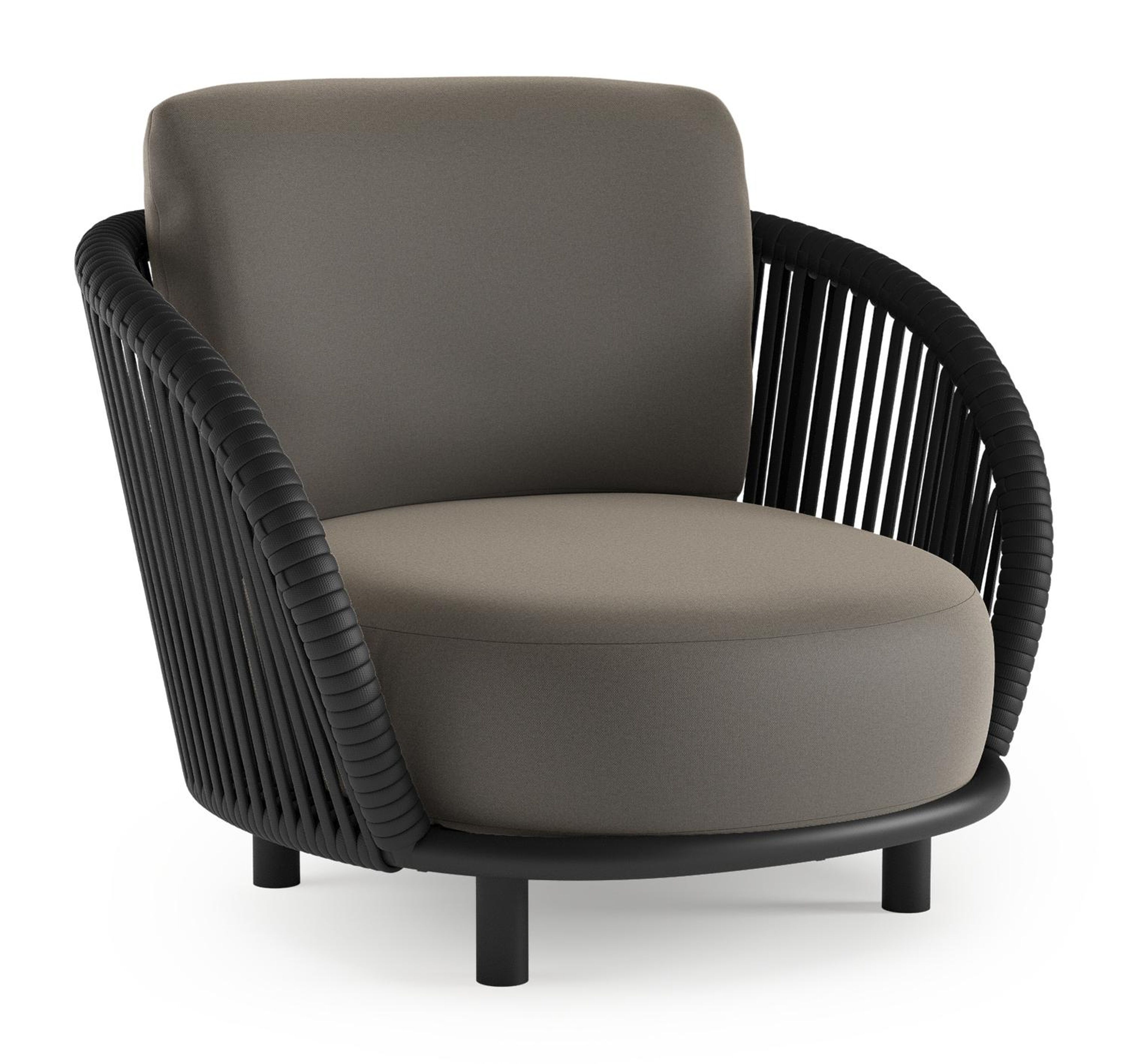 Fauteuil de jardin Lupino en aluminium noir et corde large plate de luxe tissée verticalement noir et coussins en all weather sunbrella® luxe natte carbon beige