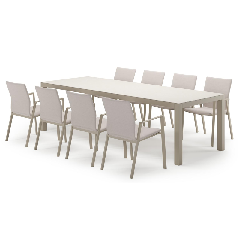 Varese rechthoekige tuinset in beige aluminium en sintered stone crema minerale met 8 Madura tuinstoelen