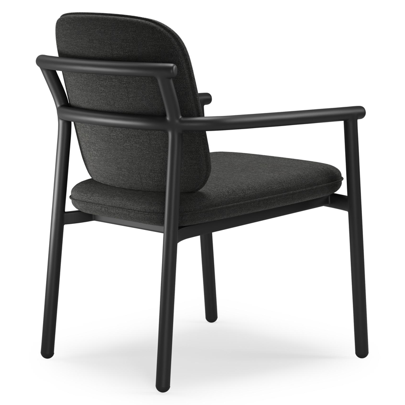 Bono stapelbare tuinstoel in zwart aluminium met stoelkussen in All Weather Sunbrella® Luxe Chartres Sooty