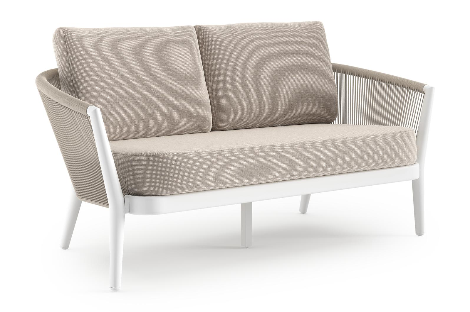 Canapé de jardin Orso en aluminium blanc en corde ronde tissée verticalement beige et coussins en all weather sunbrella® luxe Slow Farafra