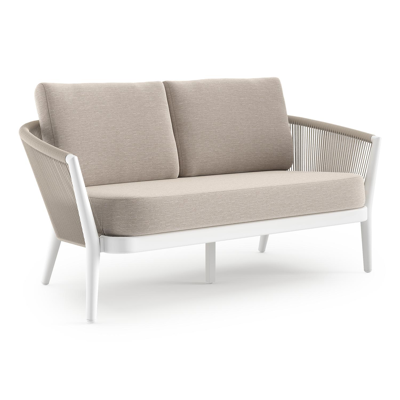 Canapé de jardin Orso en aluminium blanc en corde ronde tissée verticalement beige et coussins en all weather sunbrella® luxe Slow Farafra