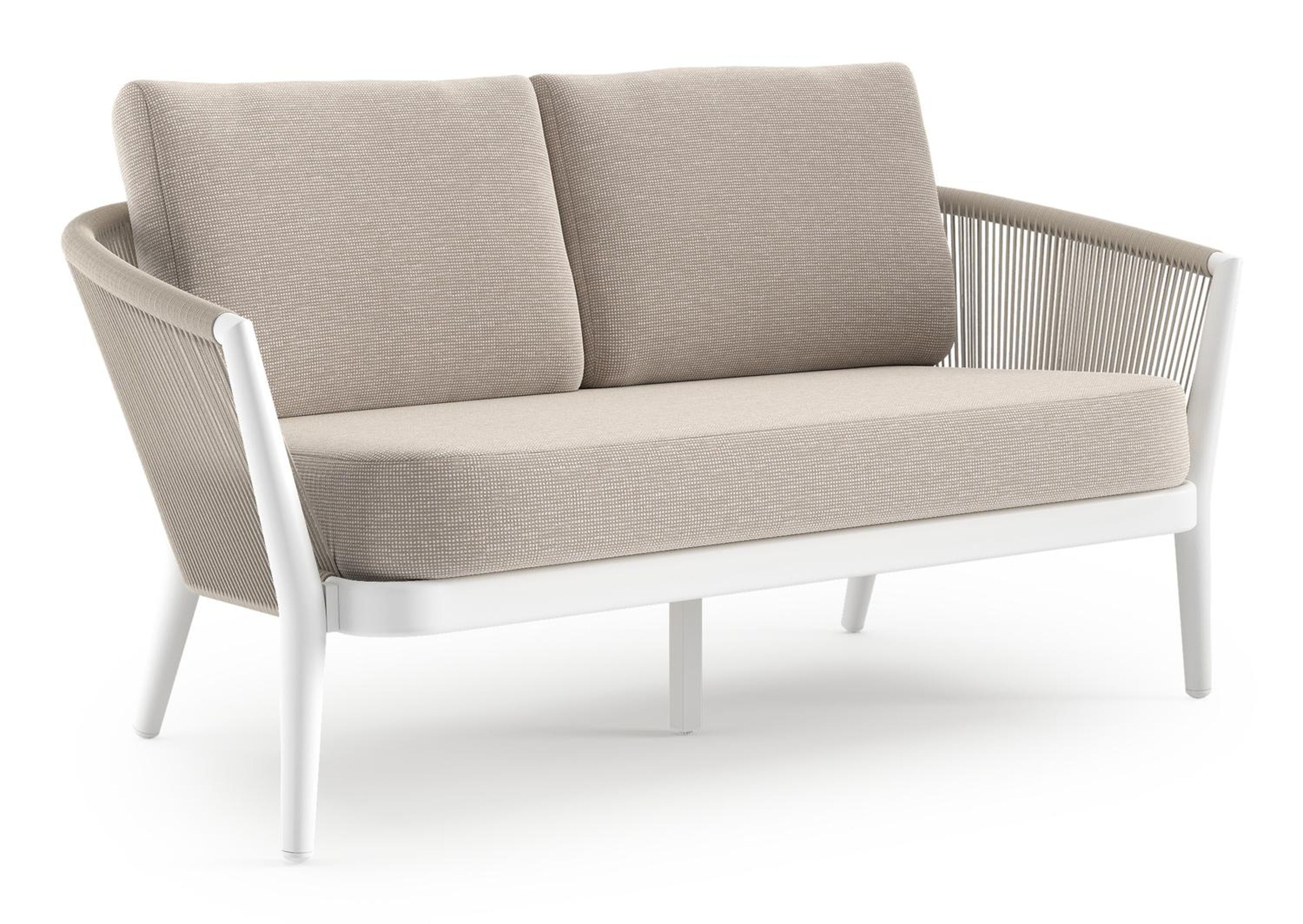 Canapé de jardin Orso en aluminium blanc en corde ronde tissée verticalement beige et coussins en all weather sunbrella® luxe Slow Farafra