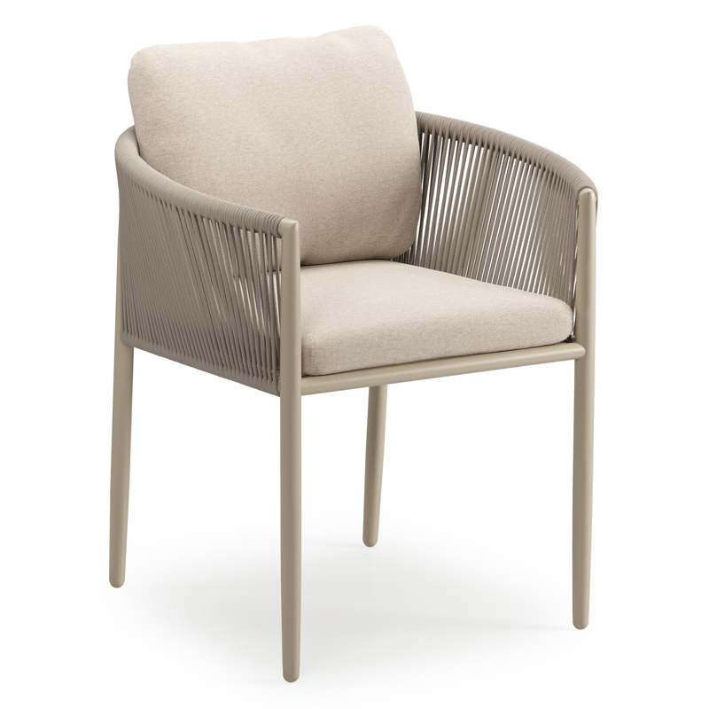 Organo tuinstoel in zwart aluminium en beige verticaal geweven ronde rope met stoelkussen in All Weather Sunbrella® Luxe Heritage Ash