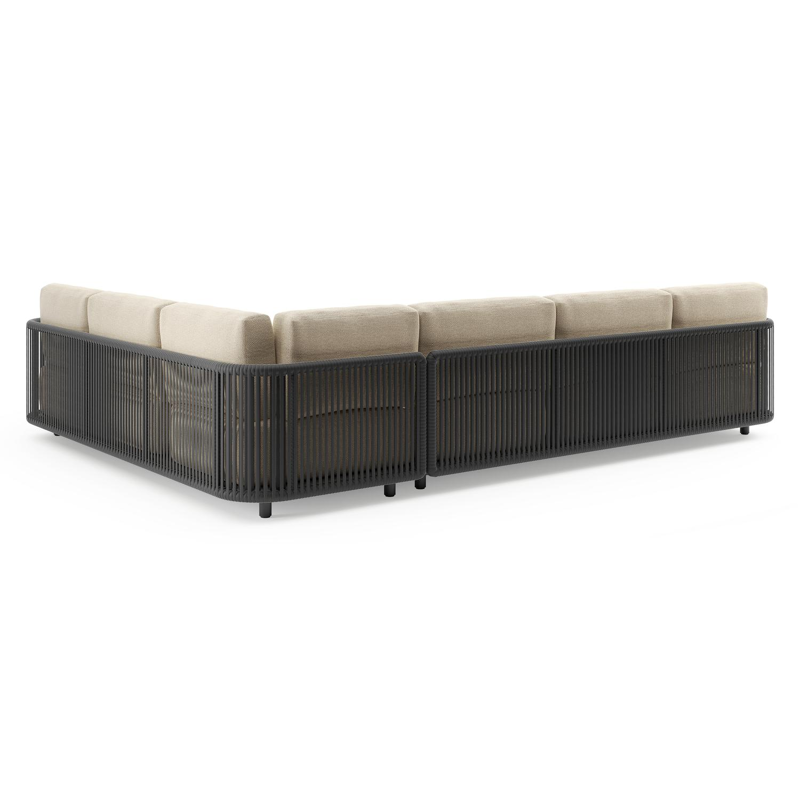 Organo loungehoek in zwart aluminium en zwart verticaal geweven luxe vlakke rope met althea camel all weather Cosytica kussen