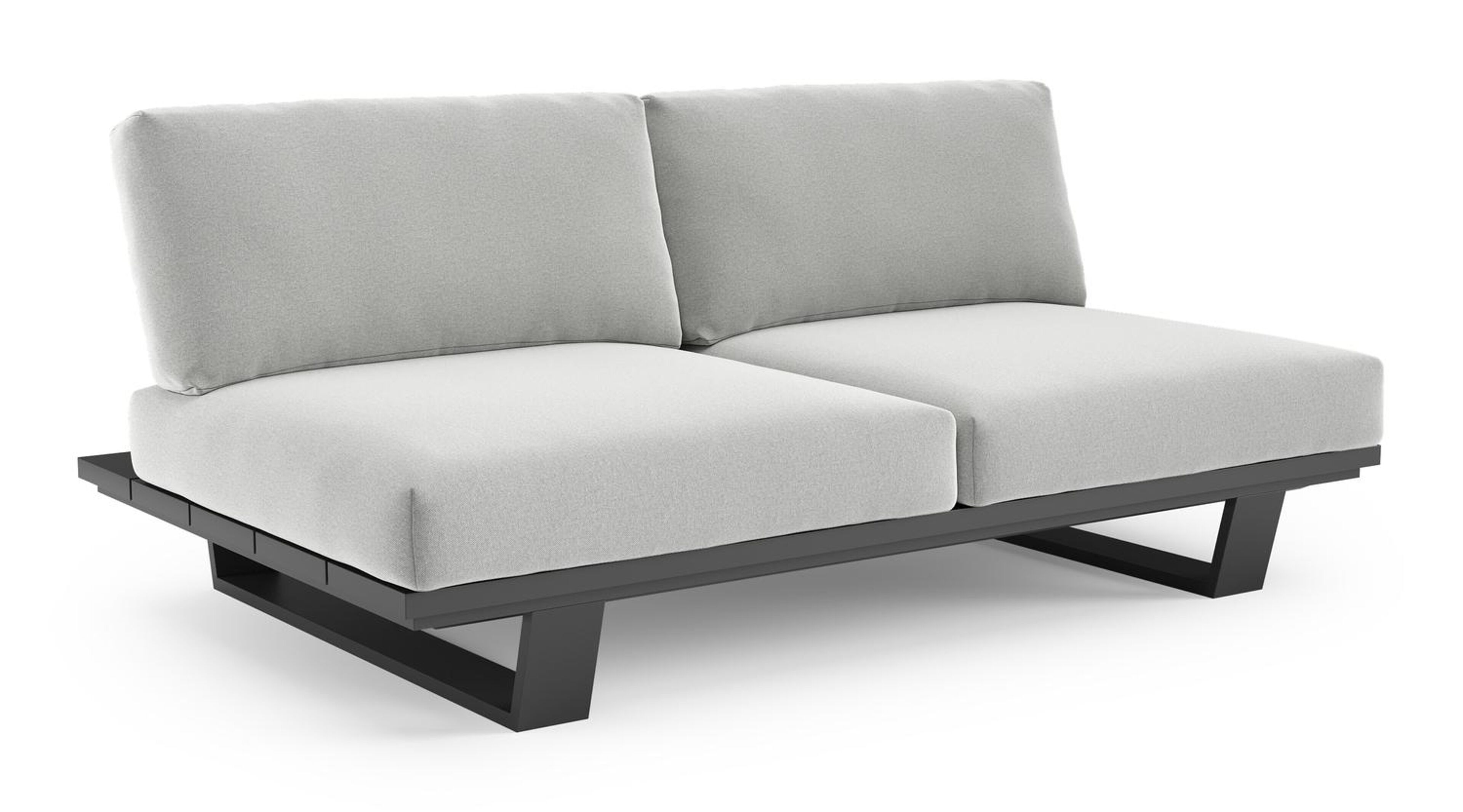 Canapé de jardin Pagino en aluminium noir et coussins en all weather sunbrella® luxe natte grey chine