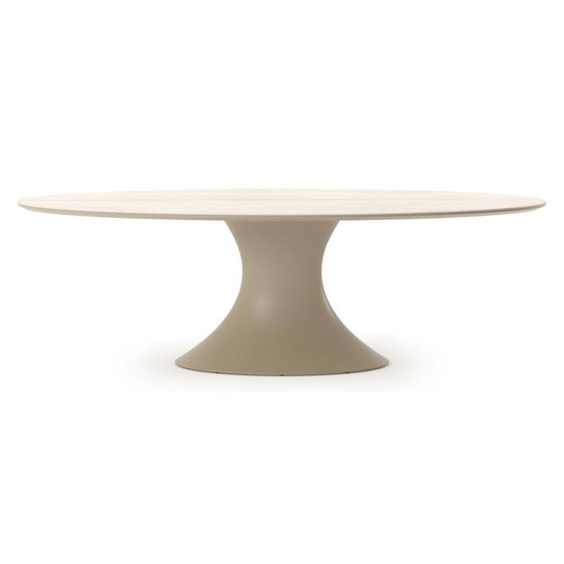 Table de jardin Fano ovale en aluminium beige et céramique pleine Travertino Bianco - Lg. 238 x Lrg. 135 x Haut. 75 cm