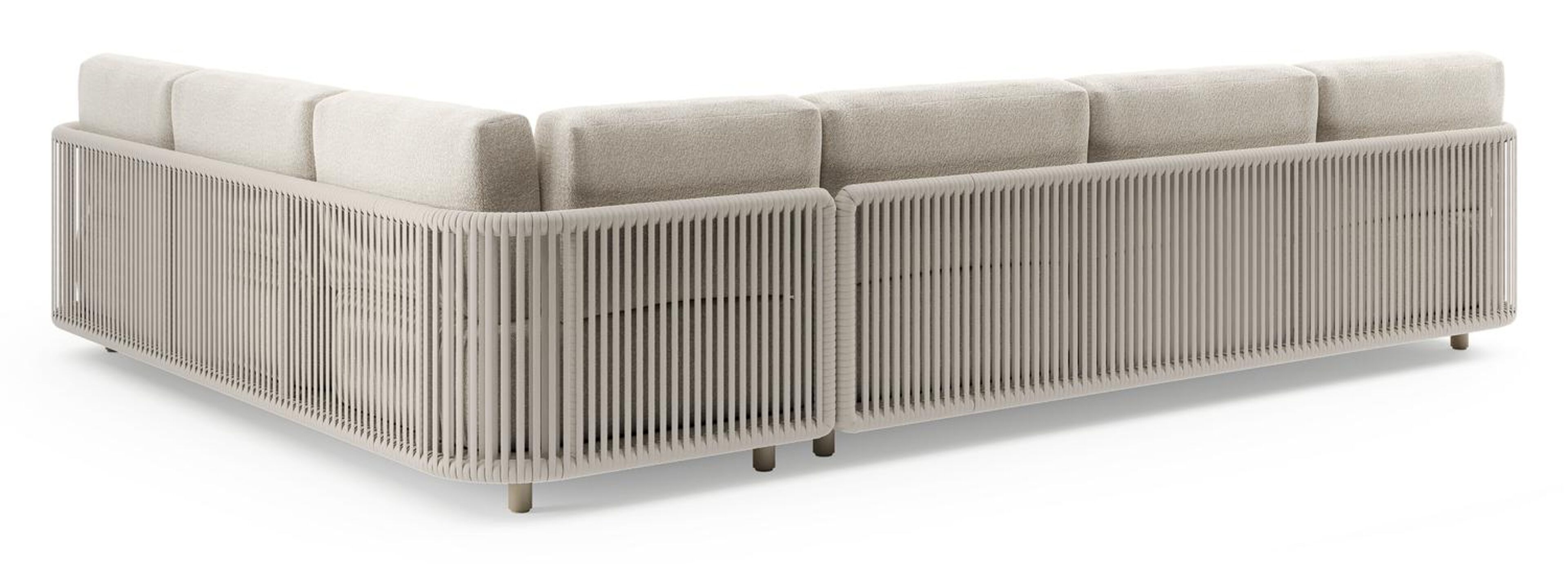 Organo loungehoek in beige aluminium en beige verticaal geweven luxe vlakke rope met marbella ecru all weather Cosytica kussen