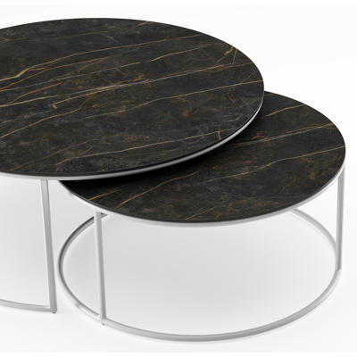 Fano set van 2 loungetafels rond in wit aluminium en volkeramiek Black Obsession - Dia. 85/65 x H 35/30 cm