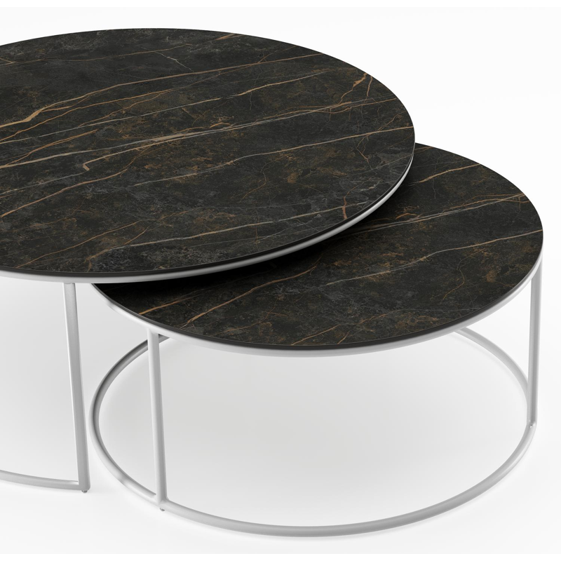 Fano set van 2 loungetafels rond in wit aluminium en volkeramiek Black Obsession - Dia. 85/65 x H 35/30 cm