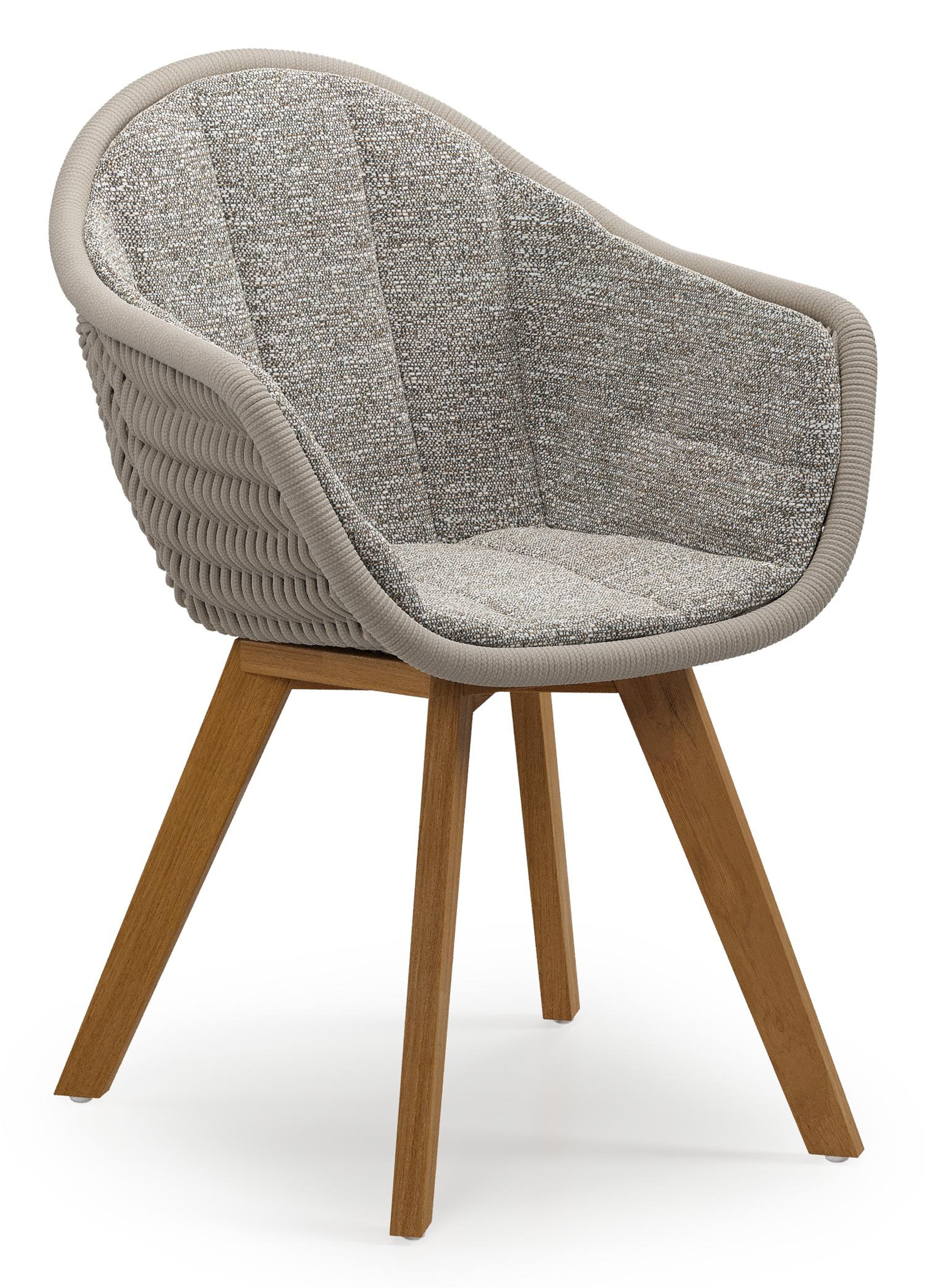 Pagino tuinstoel in teak en beige verticaal geweven ronde rope met zitkussen in All Weather Sunbrella® Luxe Tundra Pepper