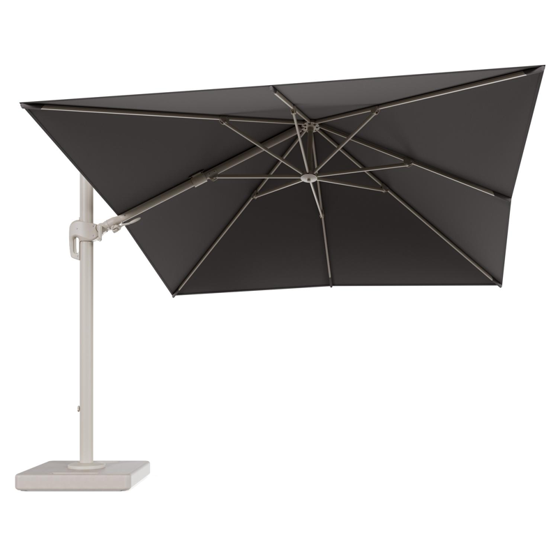 Rufina zweefparasol tiltfunctie in beige aluminium en parasoldoek in All Weather Sunbrella® Luxe Natte Nature Grey - L1 300 x L2 300 cm met parasolvoet Lapido 160 kg