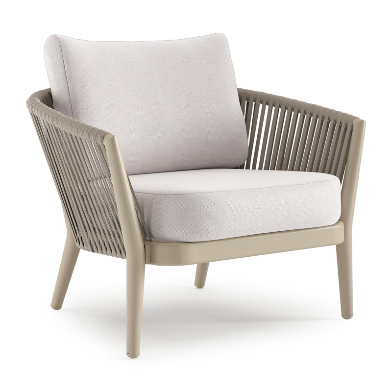 Fauteuil de jardin Orso en aluminium beige en corde luxe plate tissée verticalement beige et coussins en all weather sunbrella® luxe Savane Whisper