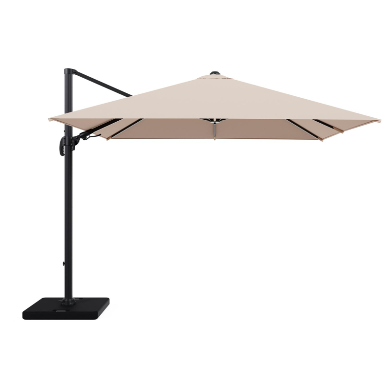 Avola zweefparasol met tiltfunctie in zwart aluminium en Natte Linen Chalk Sunbrella Premium parasoldoek - L1 300 x L2 300 cm met parasolvoet Pedito 120 kg