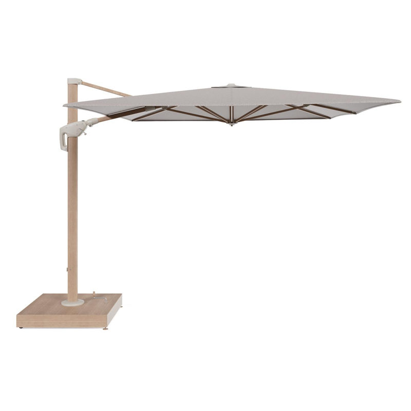 Minore zweefparasol met tiltfunctie in houtlook aluminium en Wander Granite All Weather Sunbrella® Luxe parasoldoek - L1 400 x L2 300 cm met parasolvoet Minore 260 kg met wielen