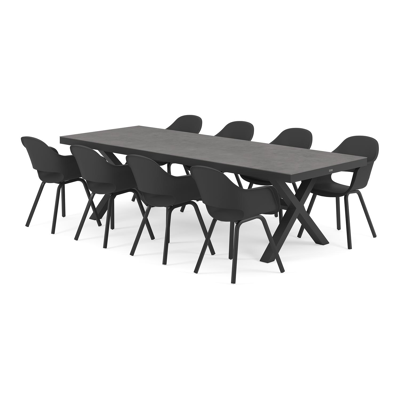 Reza tuinset in zwart aluminium en grijs volkeramiek tafelblad met 8 Artena tuinstoelen