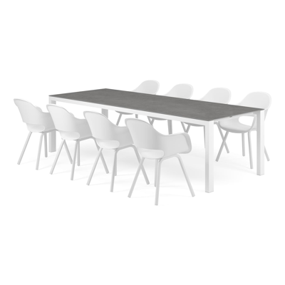 Ensemble de jardin Trente en aluminium blanc avec plateau de table en céramique pleine gris et 8 chaises de jardin Artena