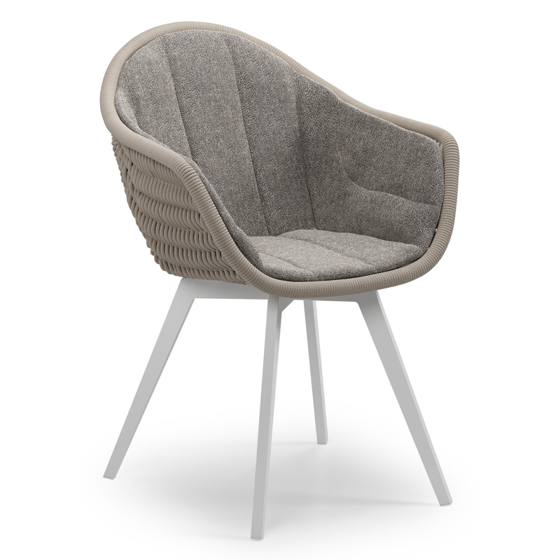 Pagino tuinstoel in wit aluminium en beige verticaal geweven ronde rope met zitkussen in All Weather Sunbrella® Luxe Chartres Drizzle