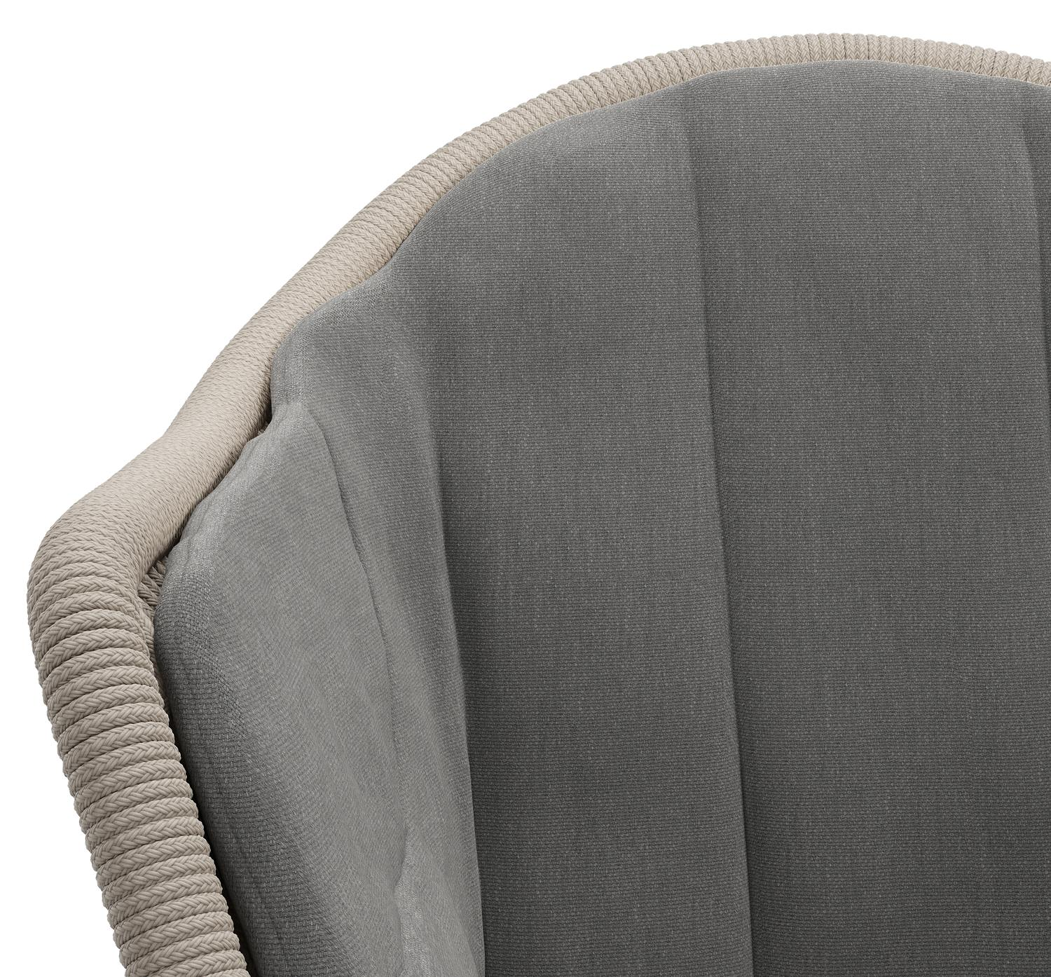 Chaise de jardin Pagino en aluminium blanc et résine tressée ronde beige avec coussin en natte charcoal chine all weather sunbrella® luxe