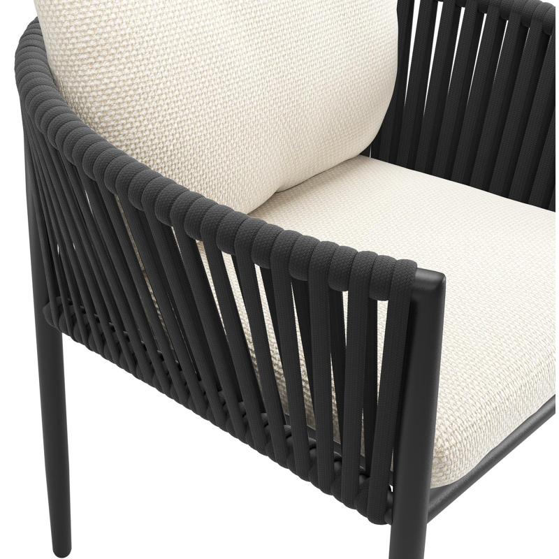 Organo tuinstoel in zwart aluminium en zwart verticaal geweven luxe vlakke rope met zitkussen in All Weather Cosytica Althea Off White