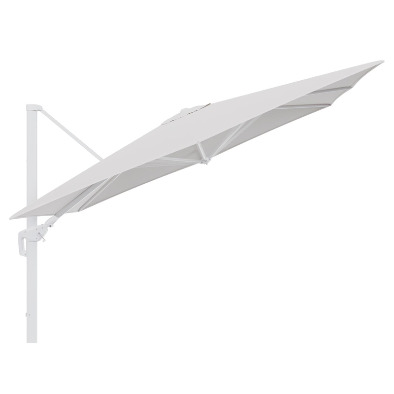 Parasol pendant Minore avec fonction tilt en aluminium blanc et toile de parasol en All Weather Sunbrella® Luxe Ego Eggshell  - Lg.1: 280 x Lg.2: 370 cm (sans pied de parasol