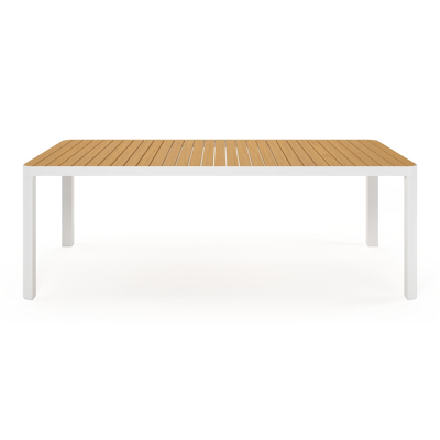 Ellara tuinset in wit aluminium en naturel polywood tafelblad met 6 stapelbare Vigo tuinstoelen