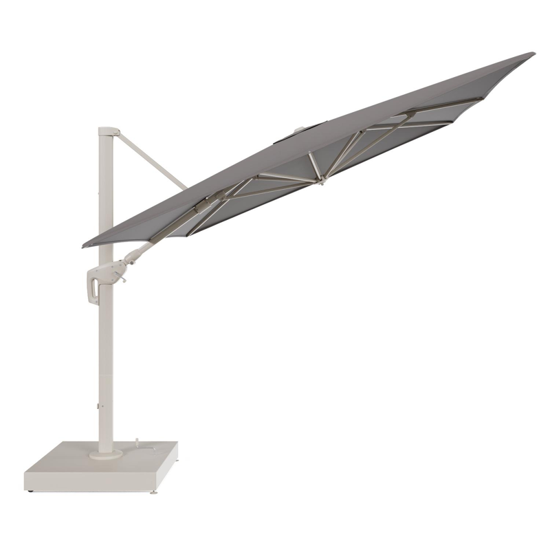 Minore zweefparasol met tiltfunctie in beige aluminium en Natte Nature Grey All Weather Sunbrella® Luxe parasoldoek - L1: 400 x L2: 300 cm met parasolvoet Minore 260 kg met wielen
