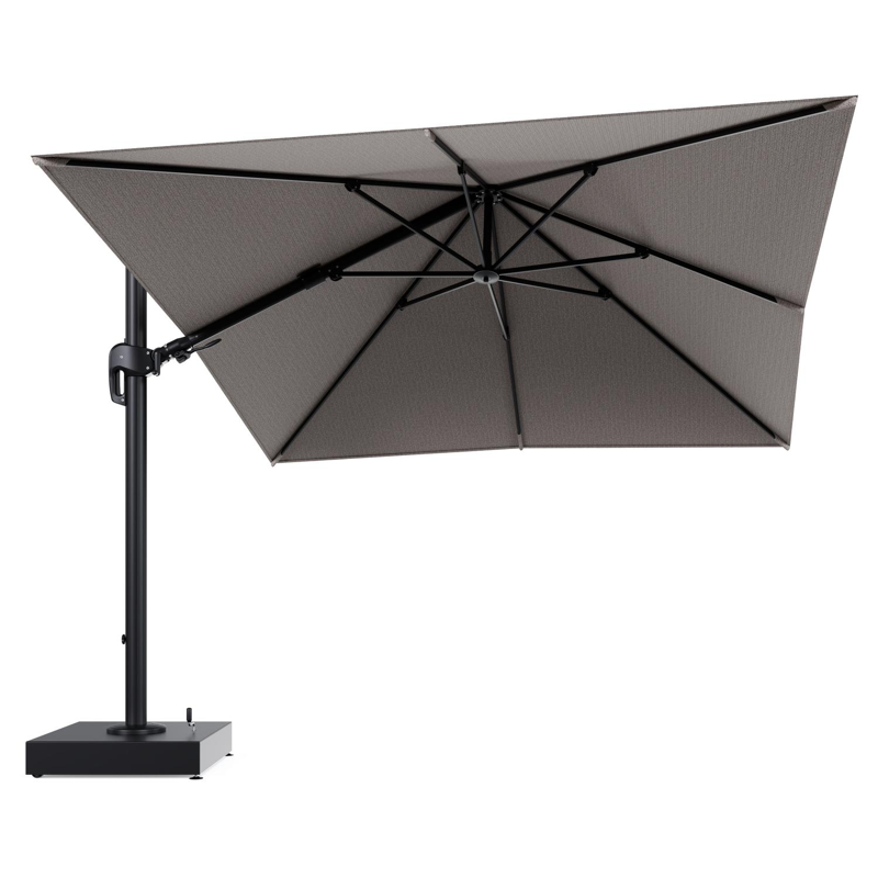 Rufina zweefparasol met tiltfunctie in zwart aluminium en Wander Granite All Weather Sunbrella® Luxe parasoldoek - L1 300 x L2 300 cm met parasolvoet Minore 150 kg met wielen