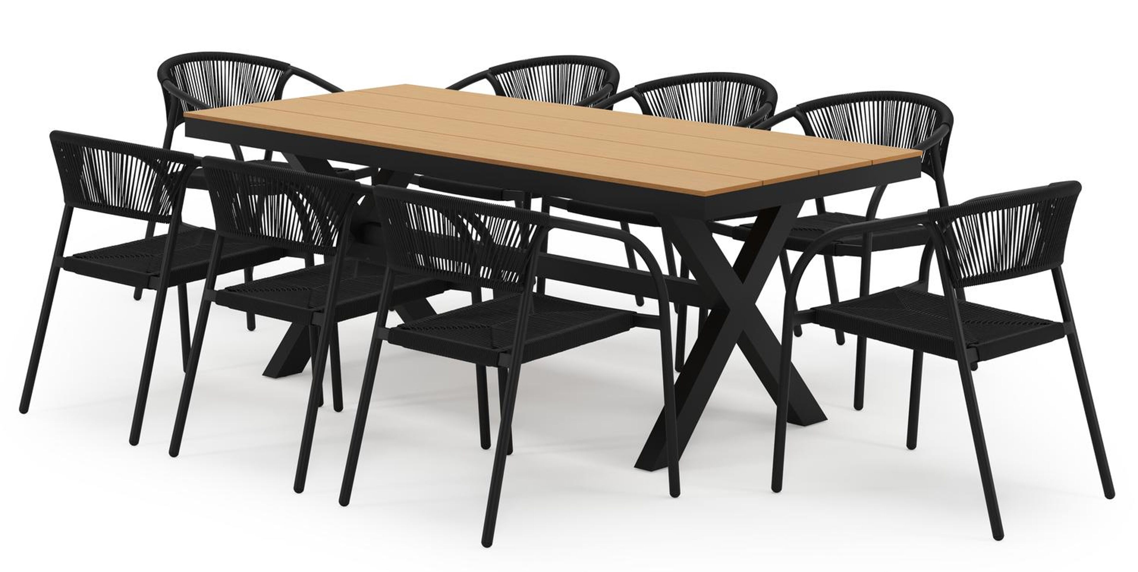 Ensemble de jardin Bahia en aluminium noir et polywood avec 8 chaises de jardin empilable Melo