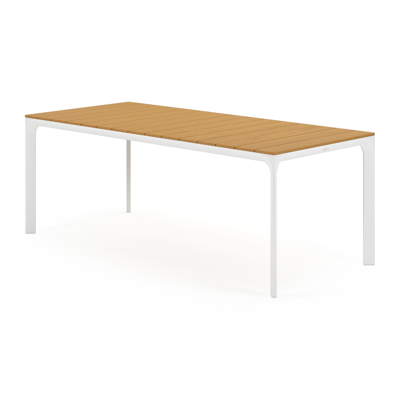 Ensemble de jardin Fina en aluminium blanc avec plateau de table en polywood naturel et 6 chaises de jardin empilables Vigo