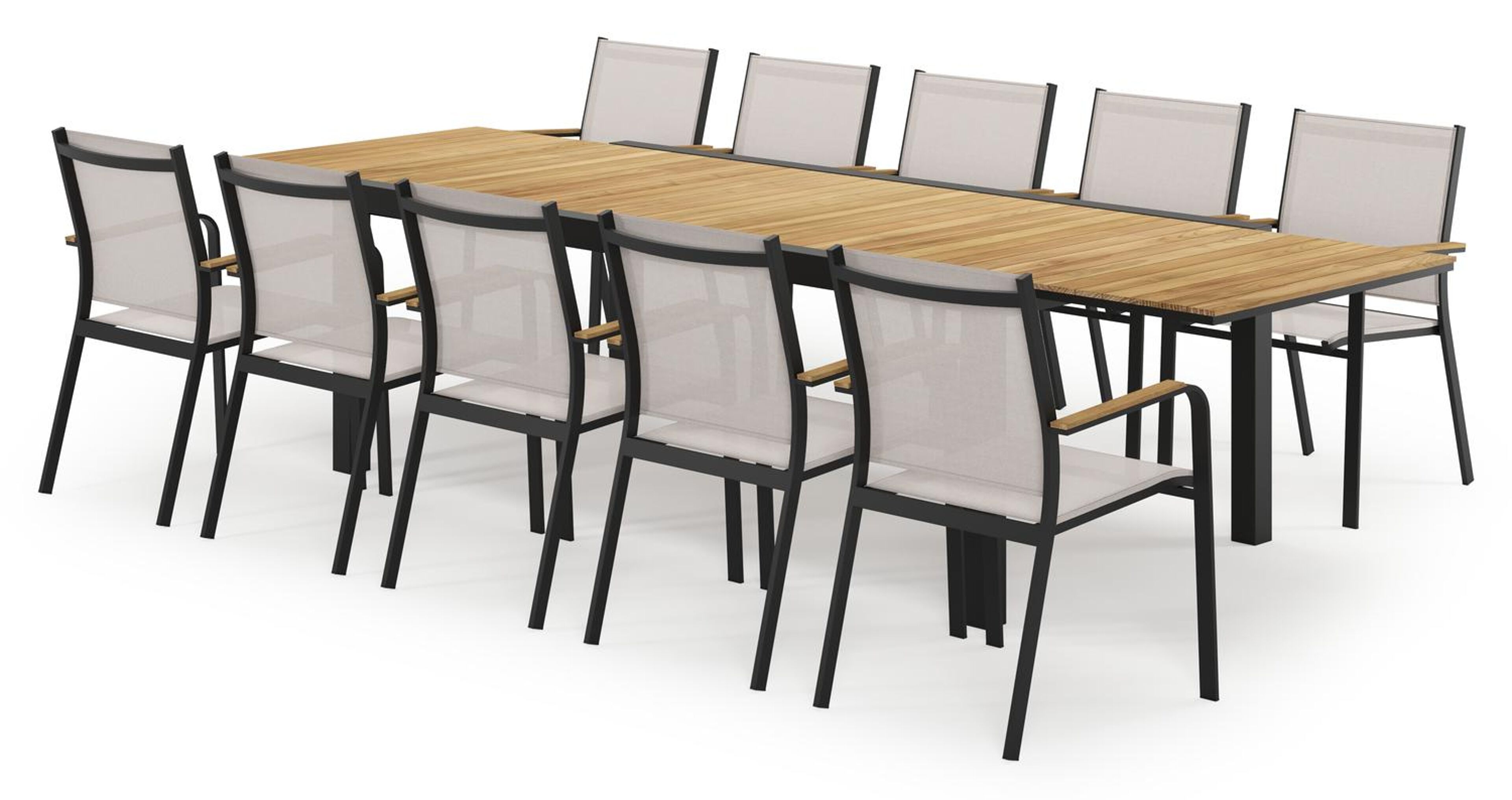 Calobra rechthoekige uitschuifbare tuinset in zwart aluminium en teak naturel met 10 Amalfi tuinstoelen