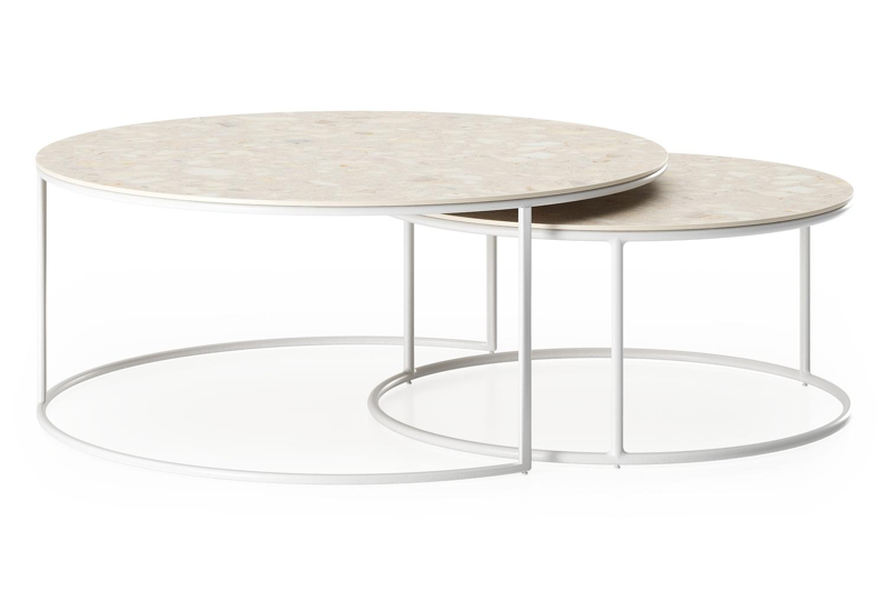 Fano loungetafels in wit aluminium en retrostone volkeramiek - Dia. 85/65 x H 35/30 cm