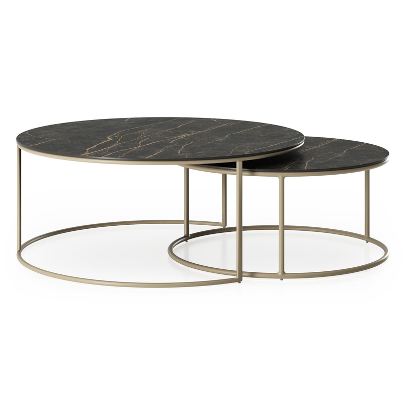 Fano set van 2 loungetafels rond in beige aluminium en volkeramiek Black Obsession - Dia. 85 x H 35 cm