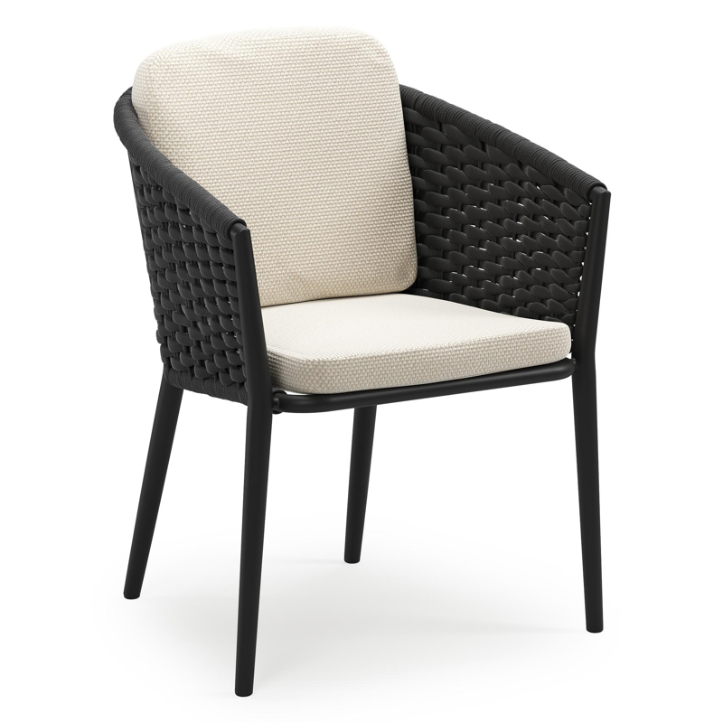 Chaise de jardin empilable Orso en aluminium noir et corde ronde tissée horizontalement noir avec coussin en All Weather Cosytica Althea Off White