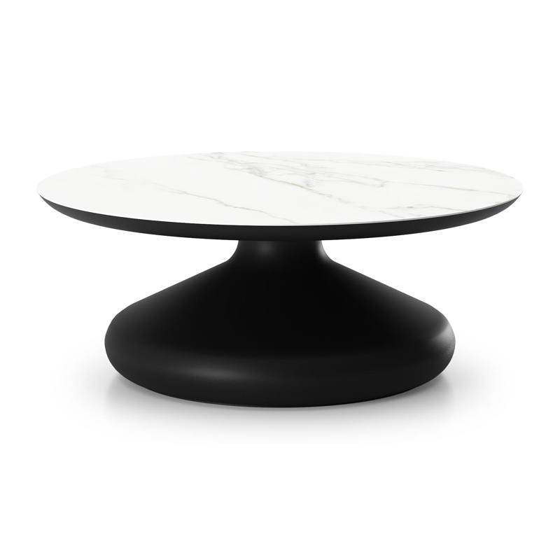 Bomero loungetafel rond in zwart aluminium en volkeramiek Calacatta - Dia. 84 x H 32.2 cm