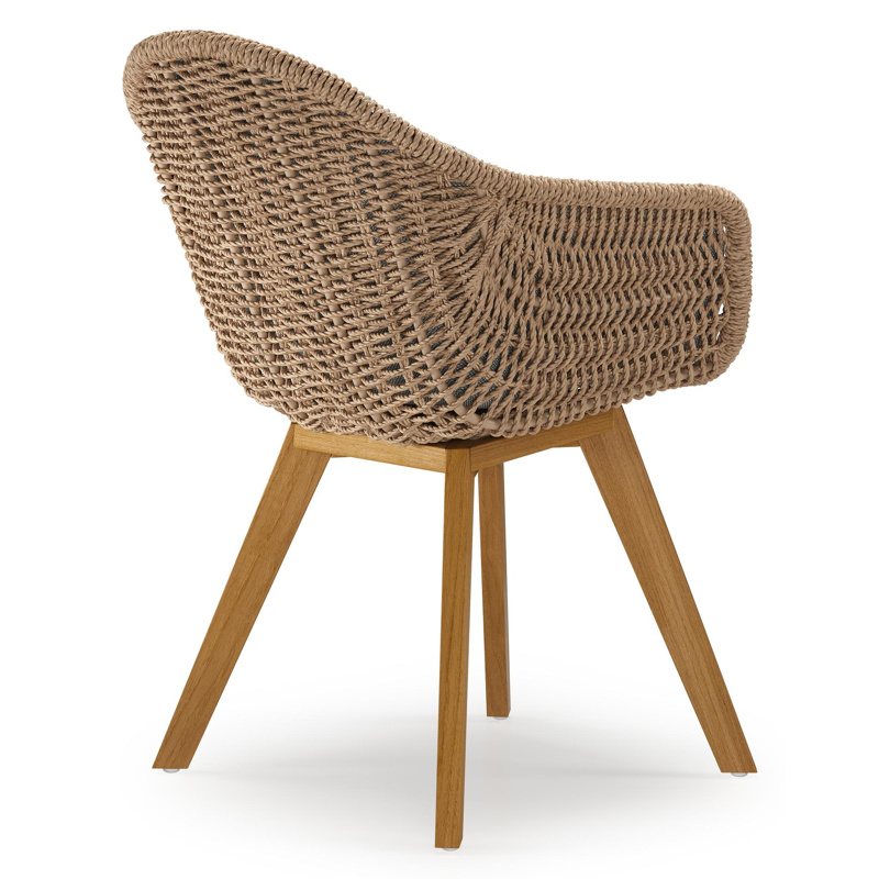 Pagino tuinstoel in teak en naturel ronde wicker met zitkussen in All Weather Sunbrella® Luxe Savane Zinc