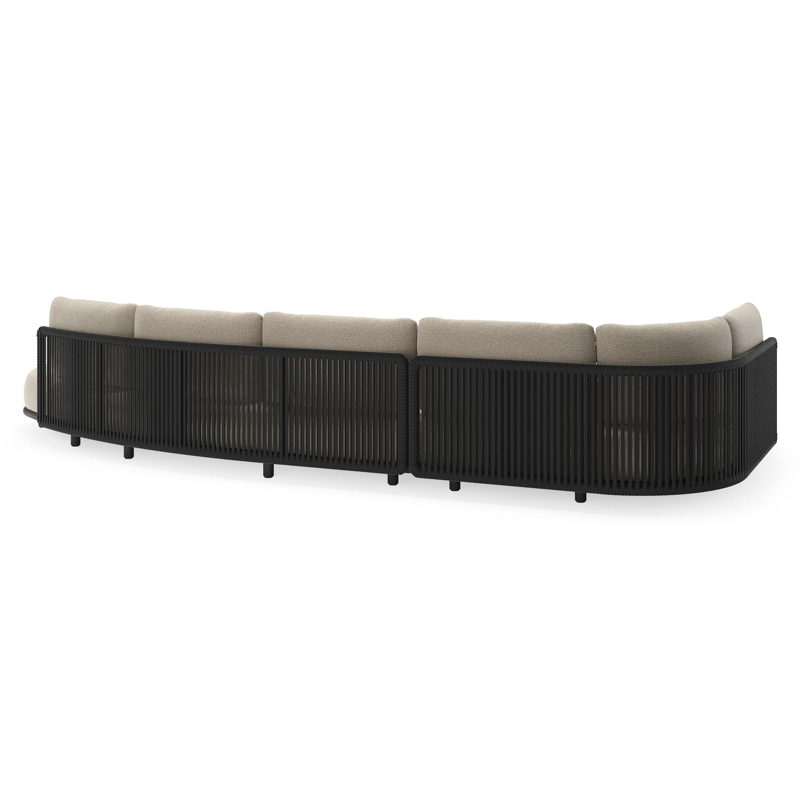 Salon de jardin d'angle Lomano en aluminium noir et corde luxe plate tissée verticalement noir et coussins en all weather cosytica catania sand