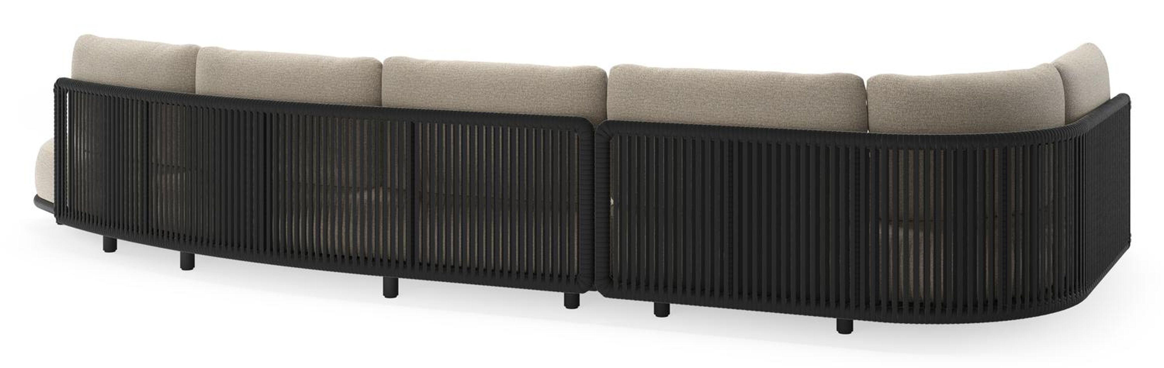 Lomano loungehoek in zwart aluminium en zwart verticaal geweven luxe vlakke rope met catania sand all weather cosytica kussen