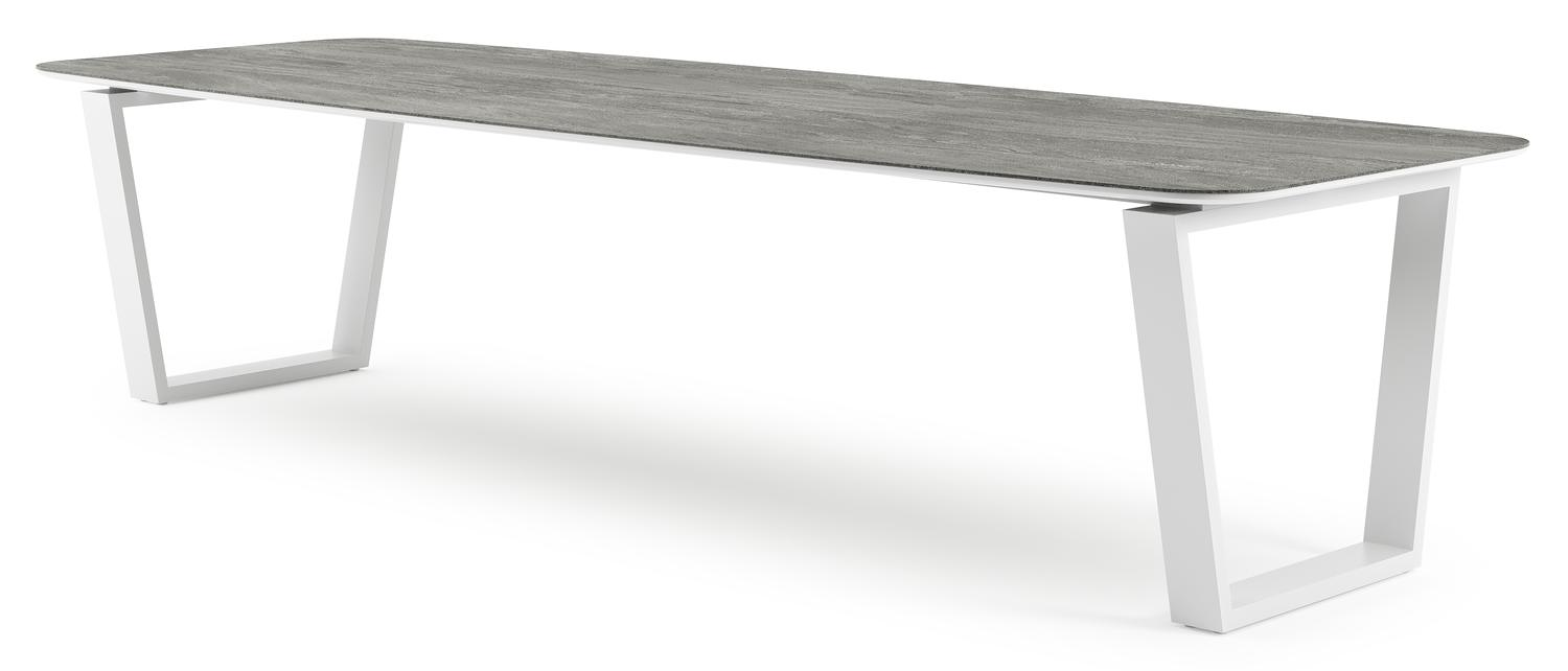 Table de jardin Pagino forme de bateau en aluminium blanc et céramique pleine Aspen Grey - Lg. 315 x Lrg. 115 x Haut. 73 cm