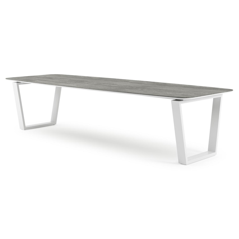 Table de jardin Pagino forme de bateau en aluminium blanc et céramique pleine Aspen Grey - Lg. 315 x Lrg. 115 x Haut. 73 cm