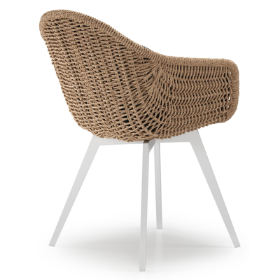 Pagino tuinstoel in wit aluminium en naturel ronde wicker met zitkussen in All Weather Sunbrella® Luxe Chartres Sooty