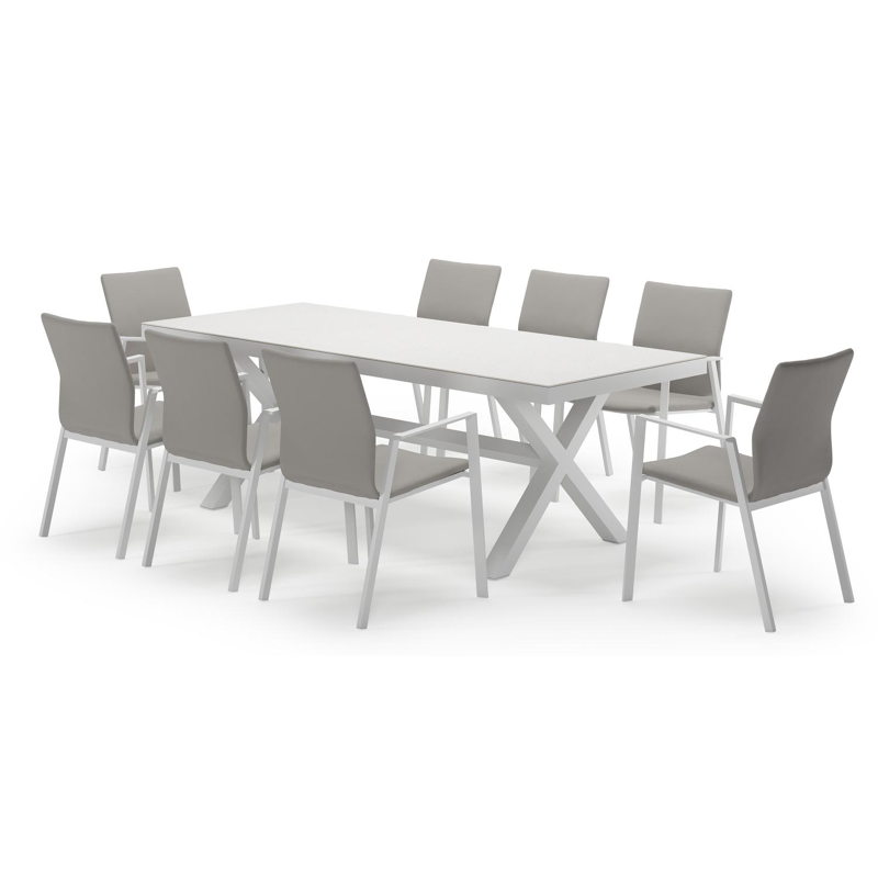 Reza ensemble de jardin rectangulaire en aluminium blanc en sintered stone topo minerale avec 8 chaises de jardin Madura