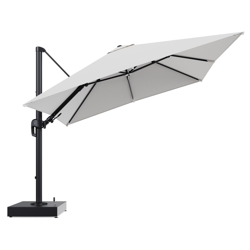 Rufina zweefparasol met tiltfunctie in zwart aluminium en Soul Optik All Weather Solica parasoldoek - L1 300 x L2 300 cm met parasolvoet Minore 150 kg met wielen