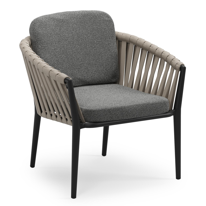 Chaise de jardin low dining Orso en aluminium noir et corde large plate de luxe tissée verticalement beige avec coussin en All Weather Cosytica Catania Black