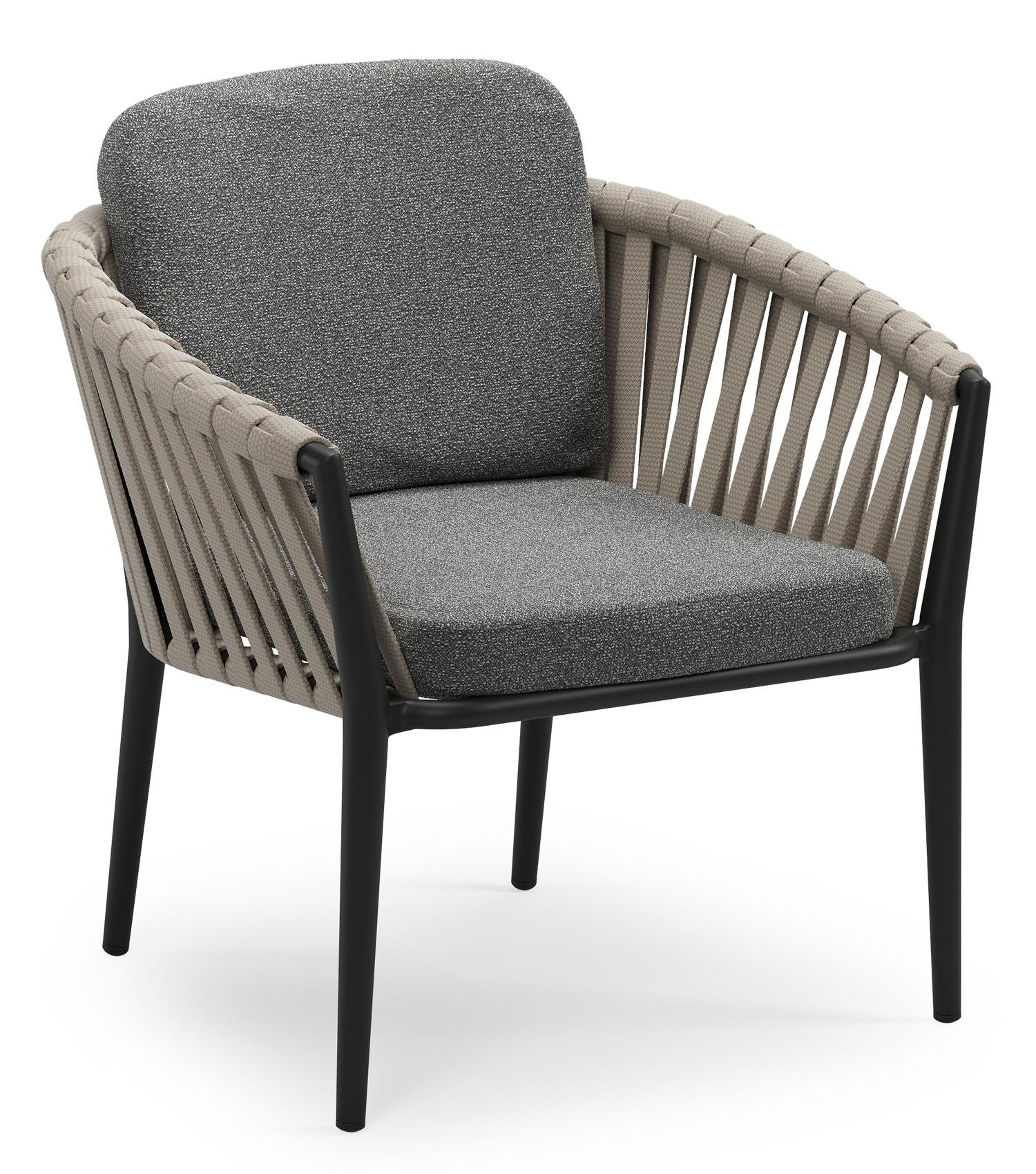 Orso low dining tuinstoel in zwart aluminium en beige verticaal geweven luxe vlakke brede rope met stoelkussen in All Weather Cosytica Catania Black
