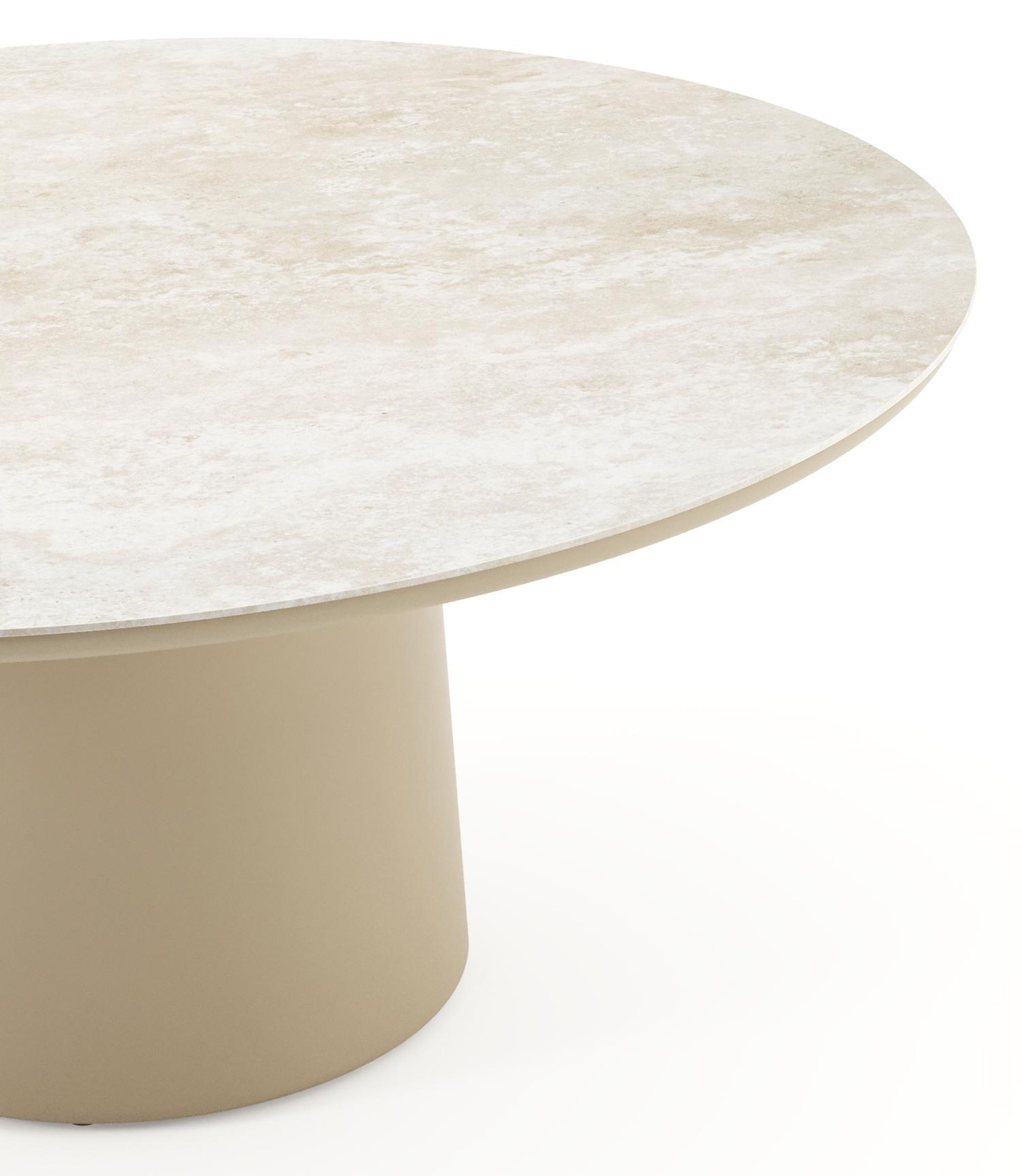 Table de jardin low dining Amico rond en aluminium beige et céramique pleine Rapolano - Diam. 148 x Haut. 61 cm