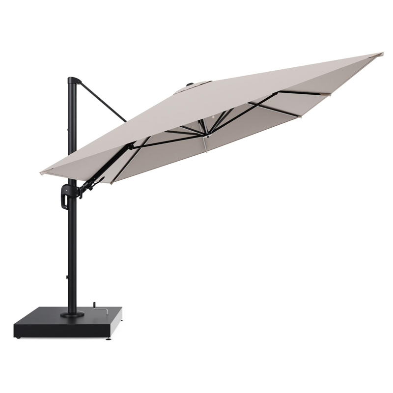 Rufina zweefparasol met tiltfunctie in zwart aluminium en Wander Pilat All Weather Sunbrella® Luxe parasoldoek - L1 400 x L2 300 cm met parasolvoet Minore 260 kg met wielen