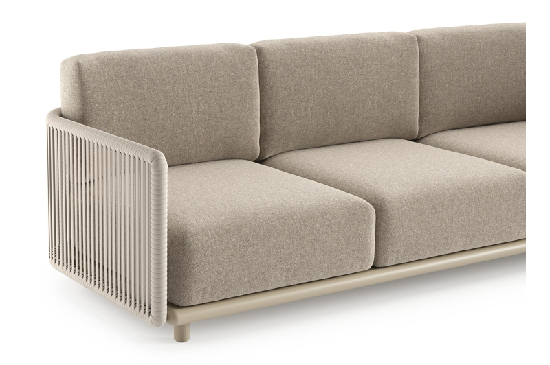 Organo loungehoek in beige aluminium en beige verticaal geweven luxe vlakke rope met chartres pewter all weather Sunbrella® luxe kussen