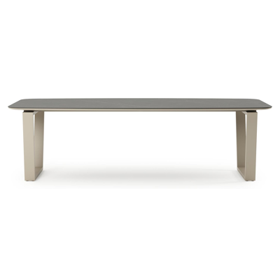 Table de jardin Pagino forme de bateau en aluminium beige et céramique pleine Calatorao - Lg. 255 x Lrg. 115 x Haut. 73 cm