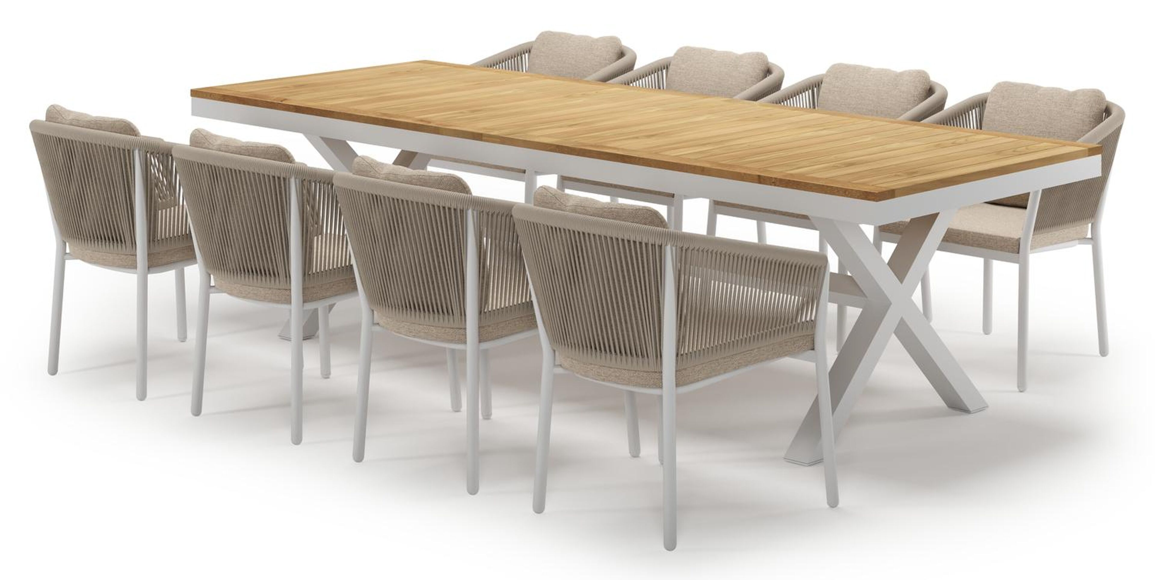 Reza tuinset in wit aluminium en teak met 8 Gerona tuinstoelen